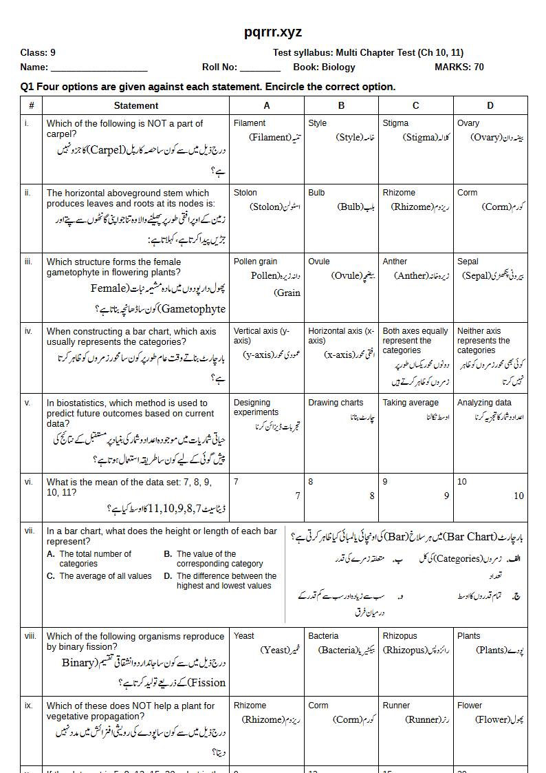 First page of 9th Biology – Chapters 10–11 – Multi Chapter Test, 70 marks (English + Urdu)