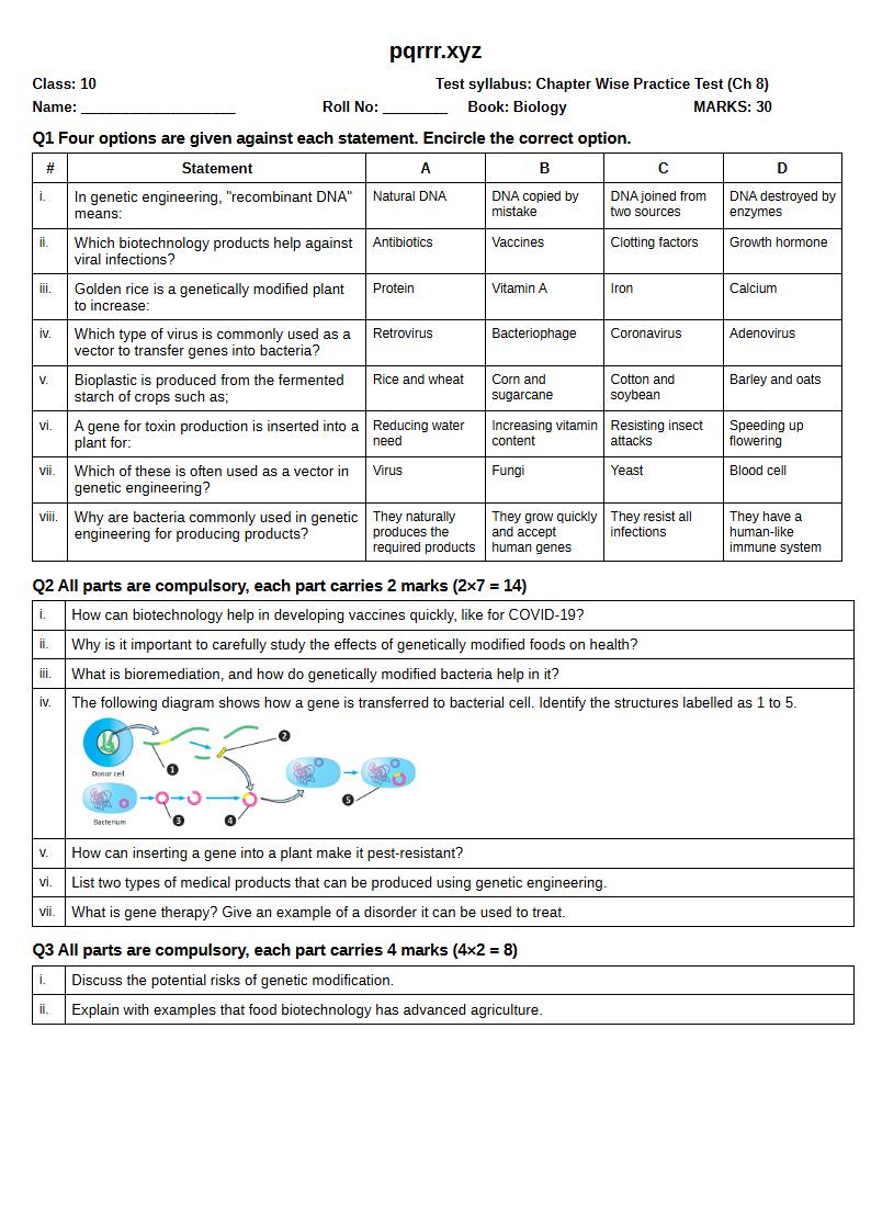 First page of 10th Biology – Chapter 8 – Biotechnology – Chapter Wise Practice Test, 30 marks (English)