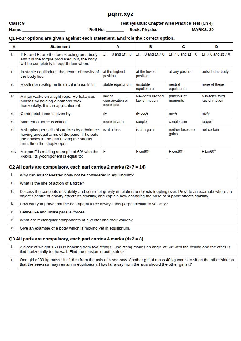 First page of 9th Physics – Chapter 4 – Turning Effects of Force – Chapter Wise Practice Test, 30 marks (English)