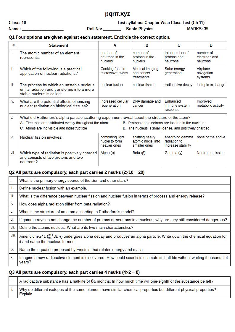 First page of 10th Physics – Chapter 11 – Atomic and Nuclear Physics – Chapter Wise Class Test, 35 marks (English)
