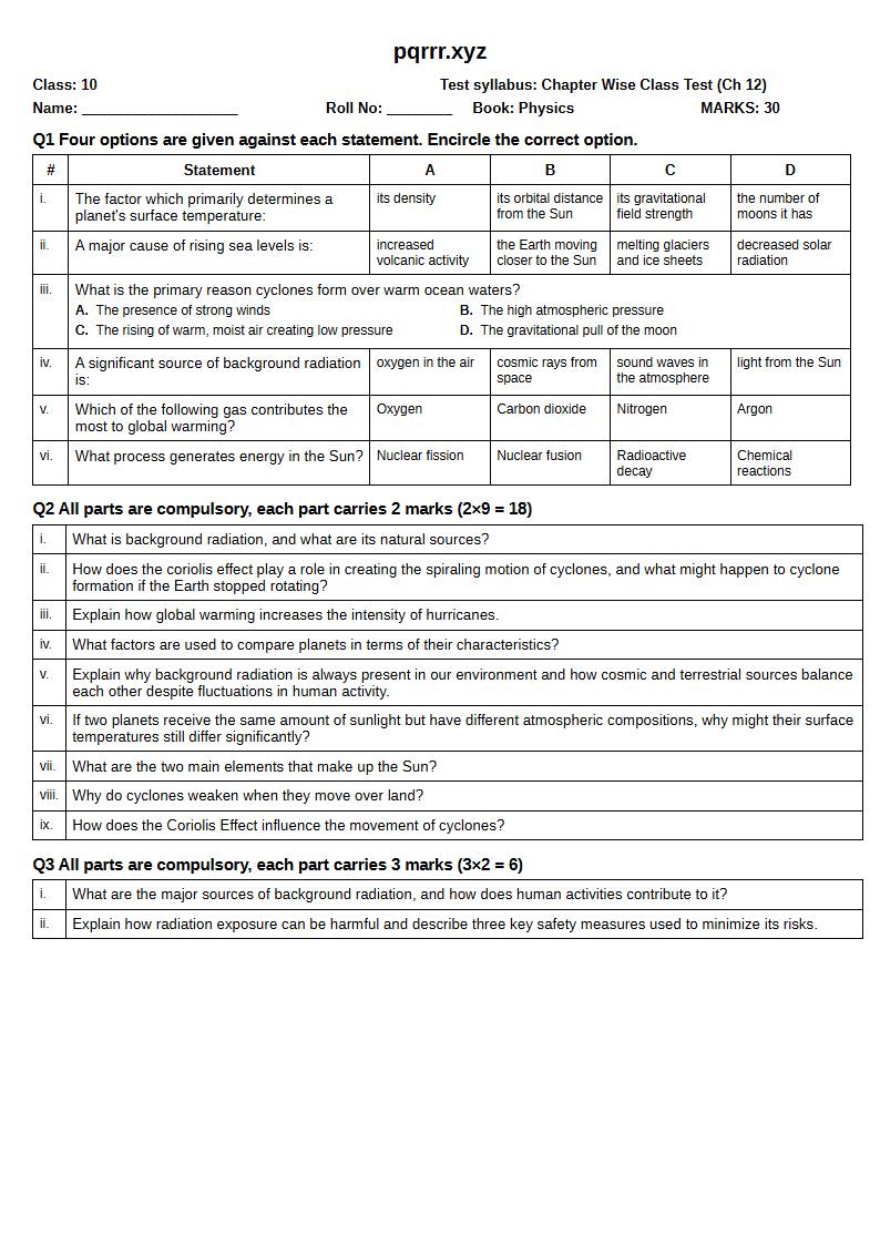 First page of 10th Physics – Chapter 12 – Space and Environment – Chapter Wise Class Test, 30 marks (English)