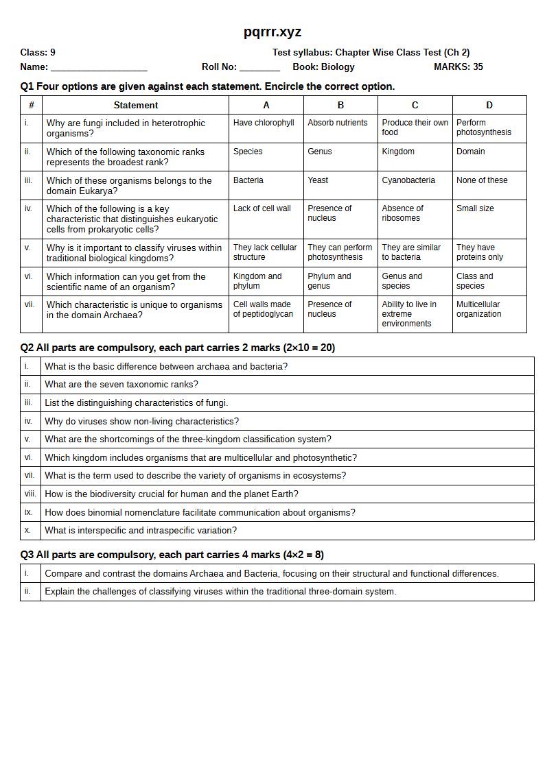 First page of 9th Biology – Chapter 2 – Biodiversity – Chapter Wise Class Test, 35 marks (English)