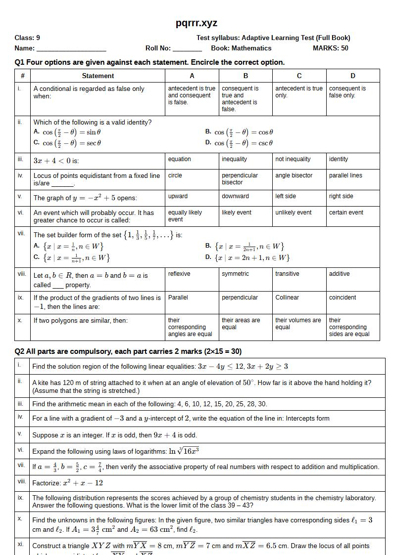 First page of 9th Mathematics – Complete book – Adaptive Learning Test, 50 marks (English)