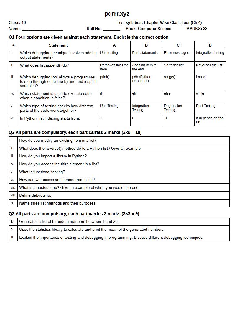 First page of 10th Computer Science – Chapter 4 – Control Structures in Python – Chapter Wise Class Test, 30 marks (English)