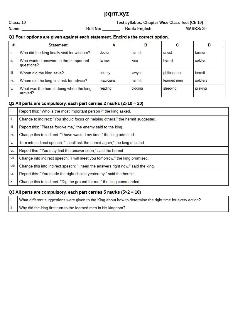 First page of 10th English – Chapter 10 – The Three Questions – Chapter Wise Class Test, 35 marks (English)