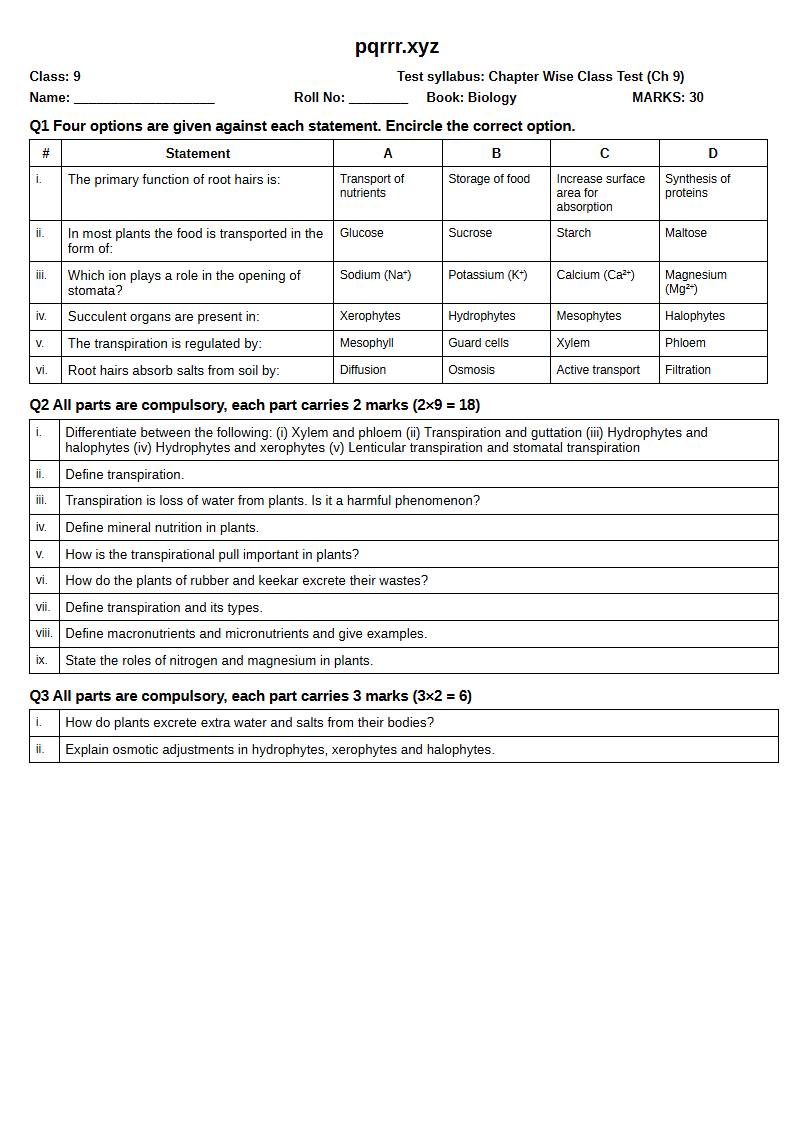 First page of 9th Biology – Chapter 9 – Plant Physiology – Chapter Wise Class Test, 30 marks (English)