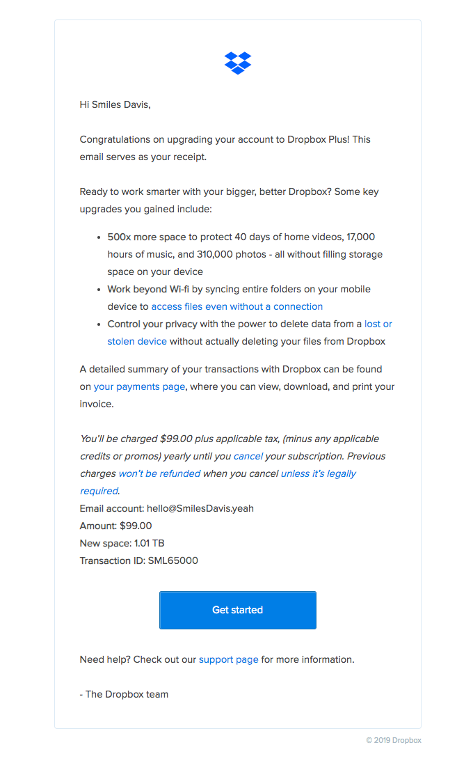 Dropbox Payment Received Account Upgraded
