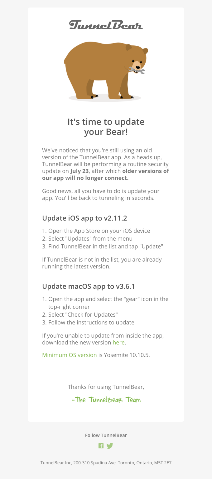 Important Update Your Tunnelbear Before July 23