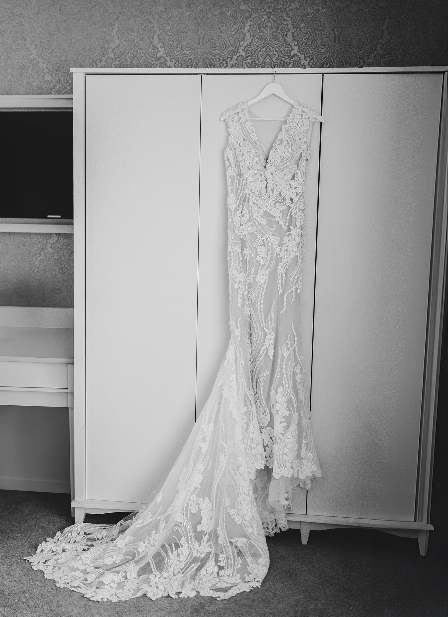 Wedding dress hanging up