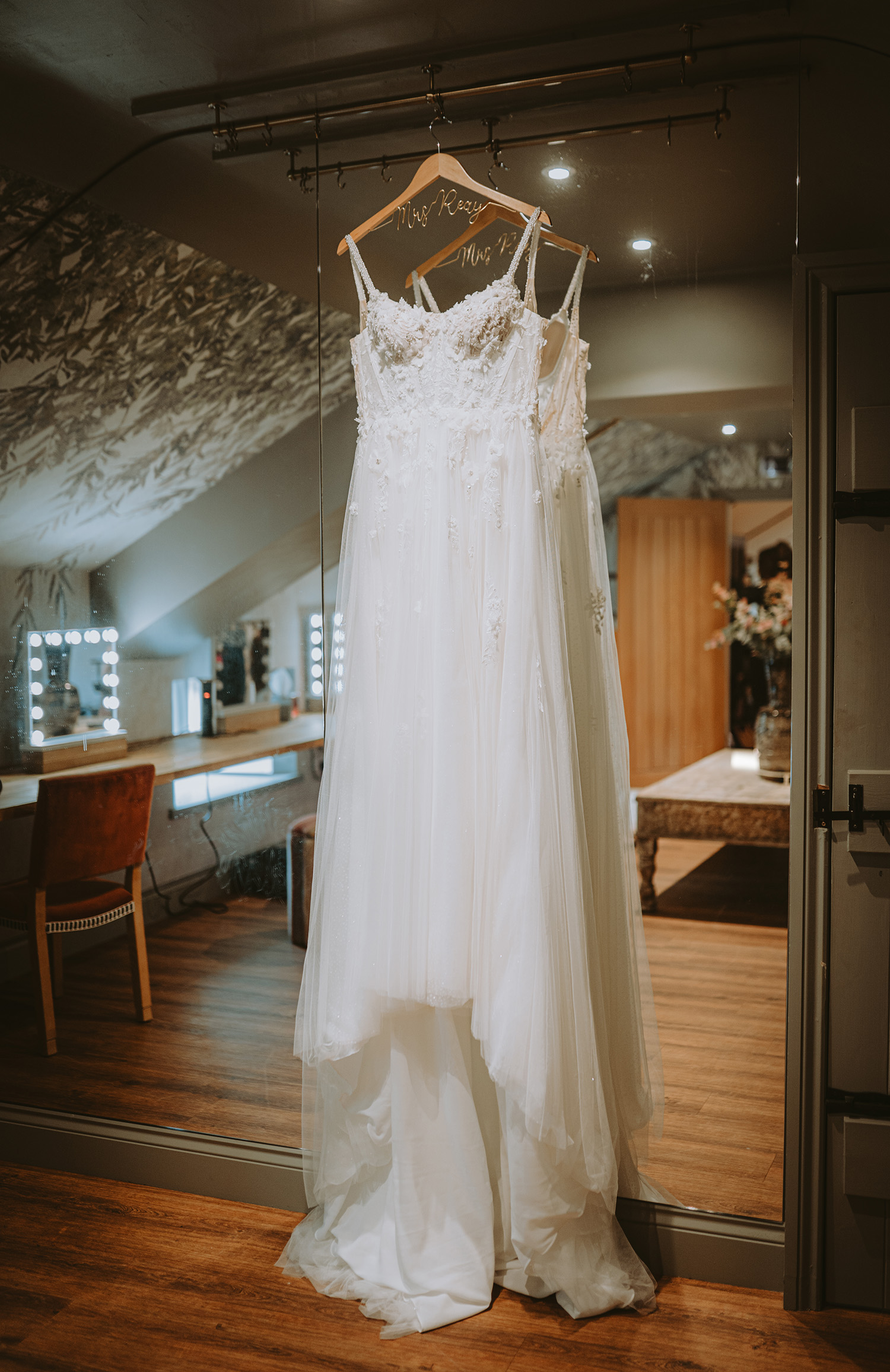 Wedding dress hanging up