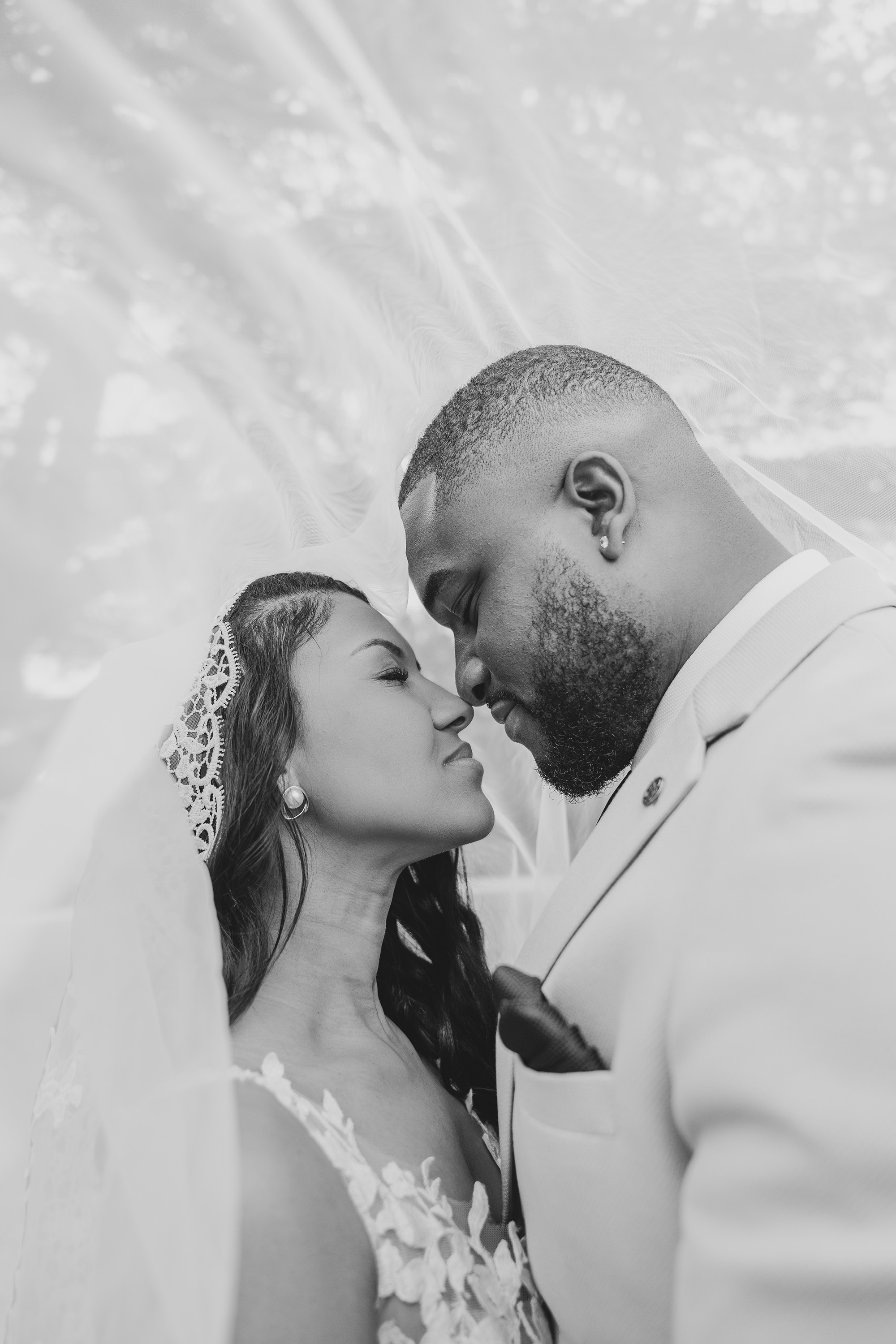 Bride and groom under the veil portrait