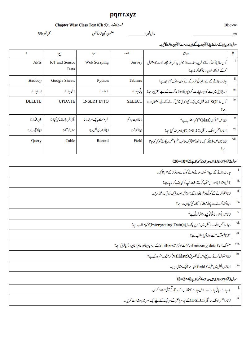 First page of 10th Computer Science – Chapter 5 – Introduction to Data Science – Chapter Wise Class Test, 35 marks (Urdu)