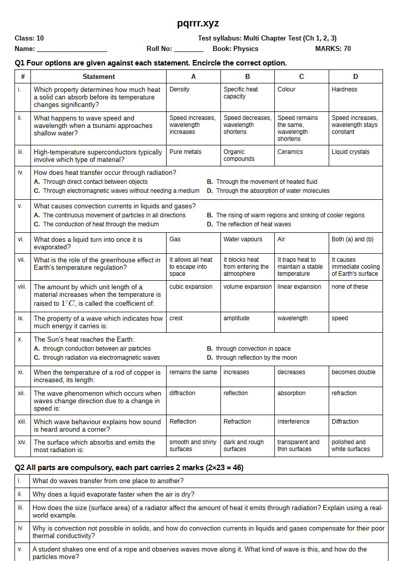 First page of 10th Physics – Chapters 1–3 – Multi Chapter Test, 70 marks (English)