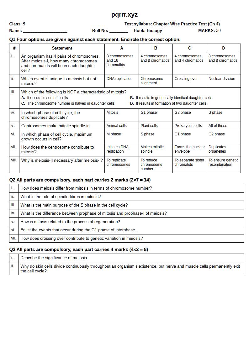 First page of 9th Biology – Chapter 4 – Cell Cycle – Chapter Wise Practice Test, 30 marks (English)