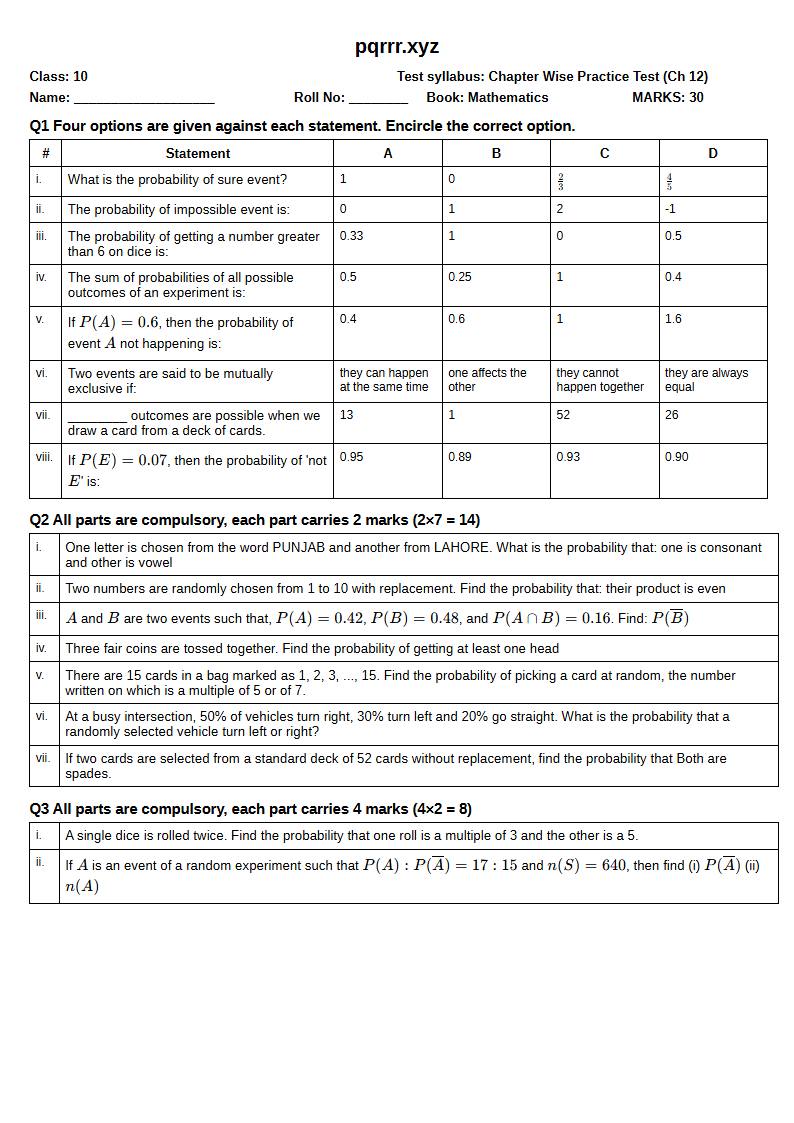 First page of 10th Mathematics – Chapter 12 – Probability – Chapter Wise Practice Test, 30 marks (English)