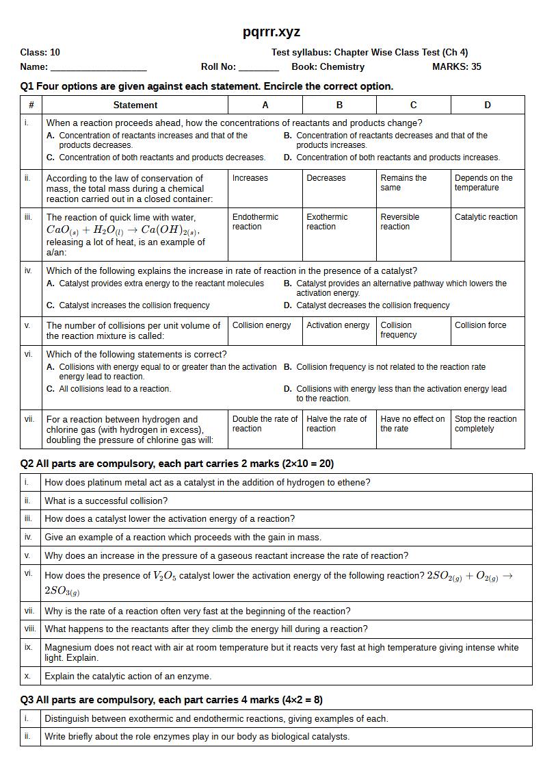 First page of 10th Chemistry – Chapter 4 – Reaction Kinetics – Chapter Wise Class Test, 35 marks (English)