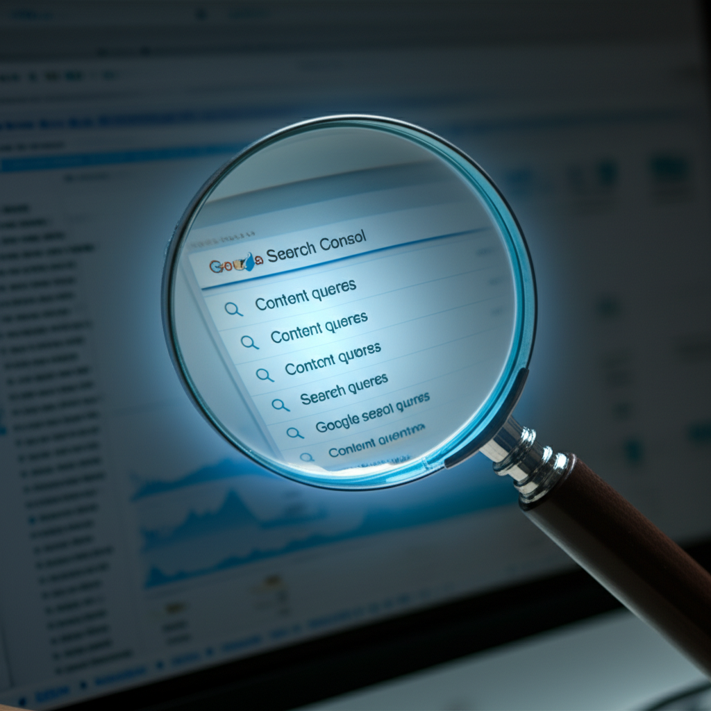 Content Ideas Google Search Console - A digital magnifying glass hovering over a Google Search Console dashboard highlighting search quer