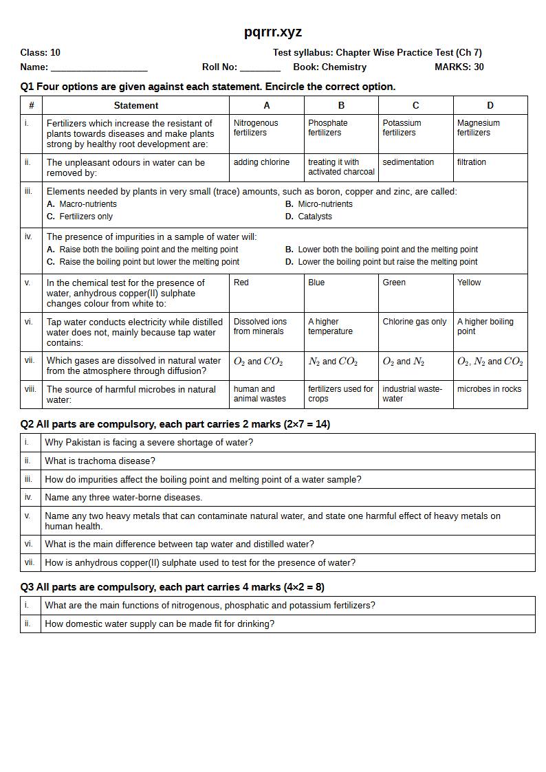 First page of 10th Chemistry – Chapter 7 – Water – Chapter Wise Practice Test, 30 marks (English)