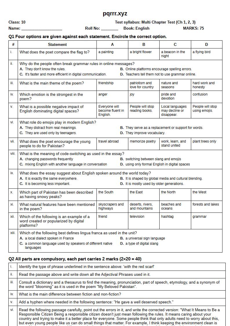 First page of 10th English – Chapters 1–3 – Multi Chapter Test, 75 marks (English)