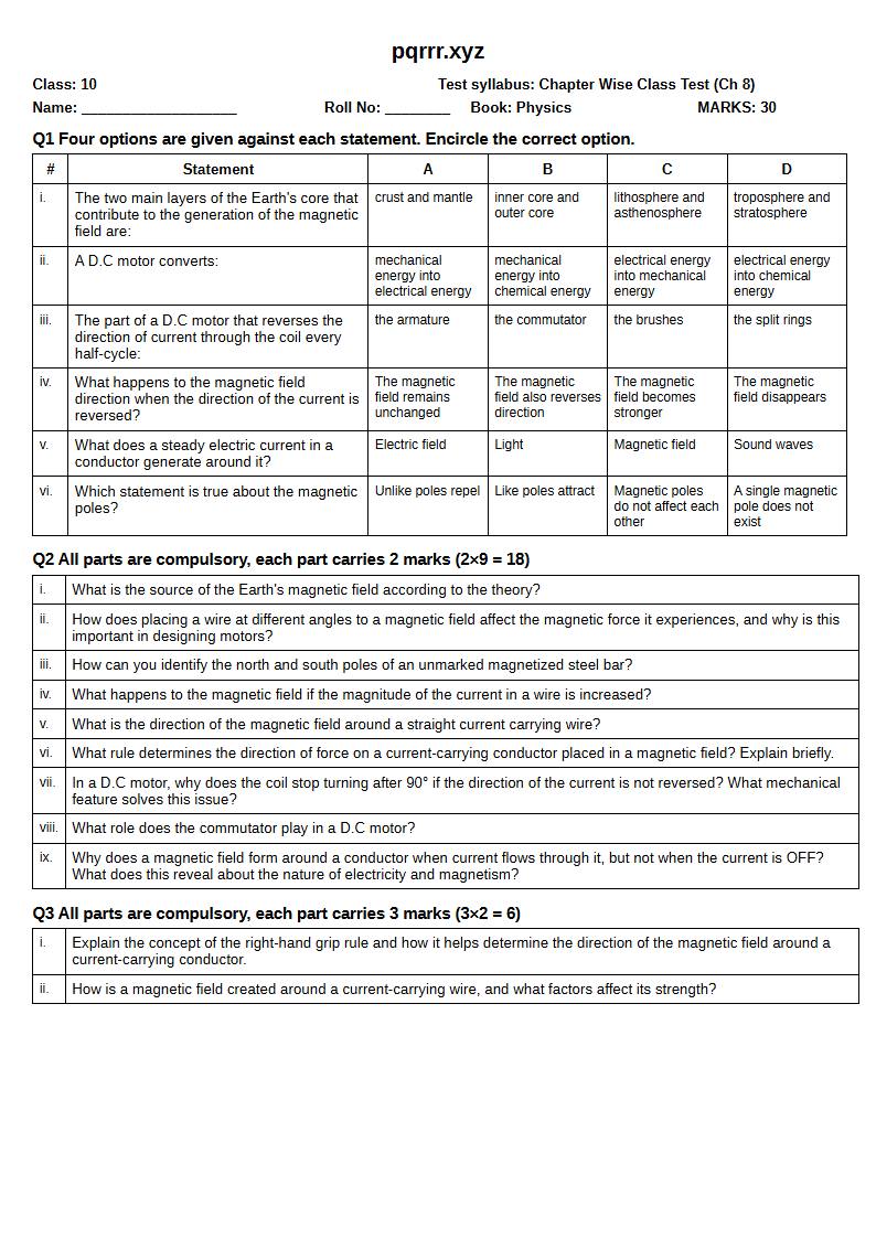 First page of 10th Physics – Chapter 8 – Electromagnetism – Chapter Wise Class Test, 30 marks (English)