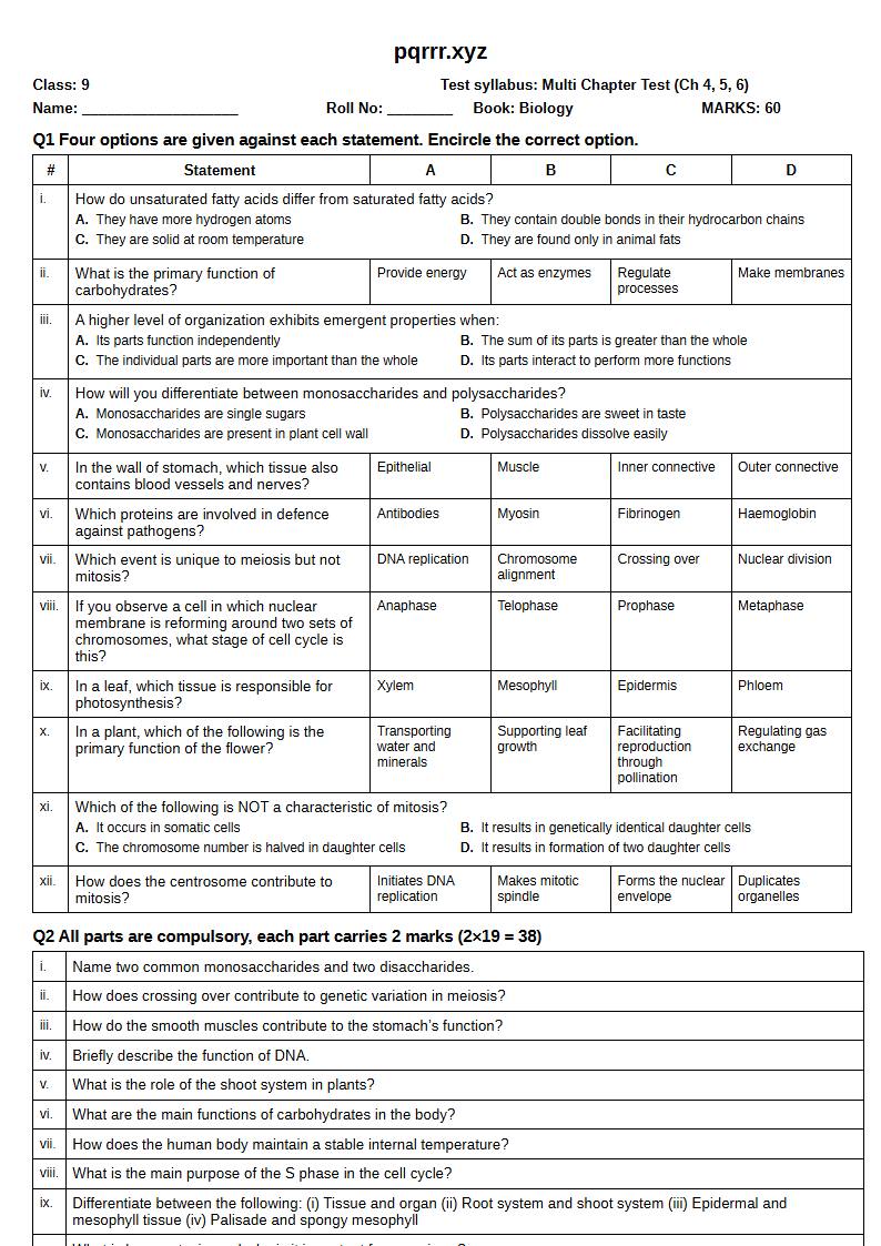 First page of 9th Biology – Chapters 4–6 – Multi Chapter Test, 60 marks (English)