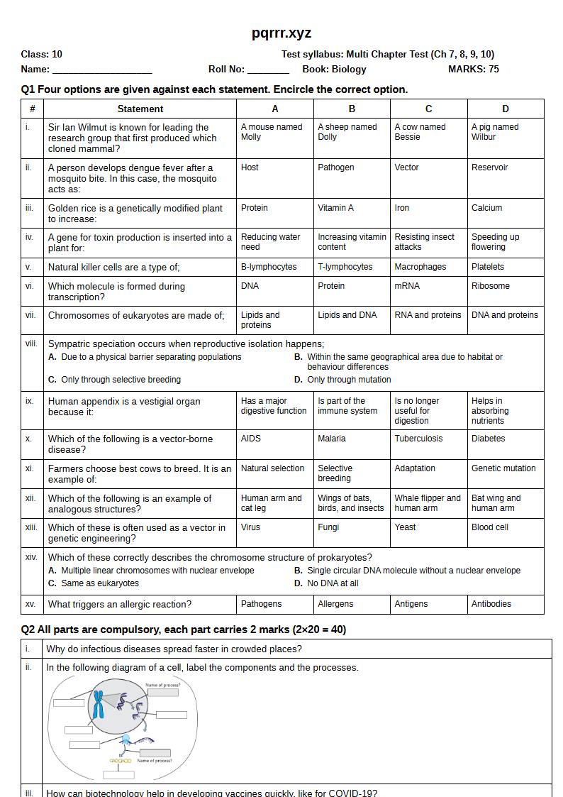 First page of 10th Biology – Chapters 7–10 – Multi Chapter Test, 75 marks (English)
