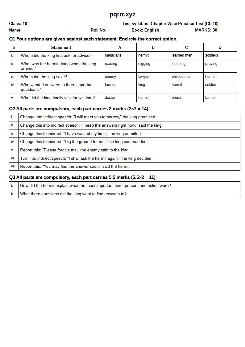 First page of 10th English – Chapter 10 – The Three Questions – Chapter Wise Practice Test, 30 marks (English)