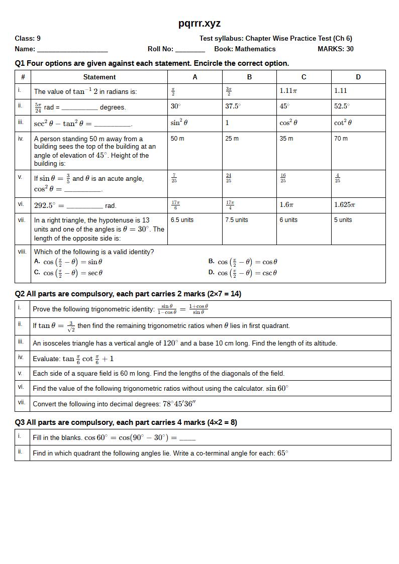 First page of 9th Mathematics – Chapter 6 – Trigonometry – Chapter Wise Practice Test, 30 marks (English)