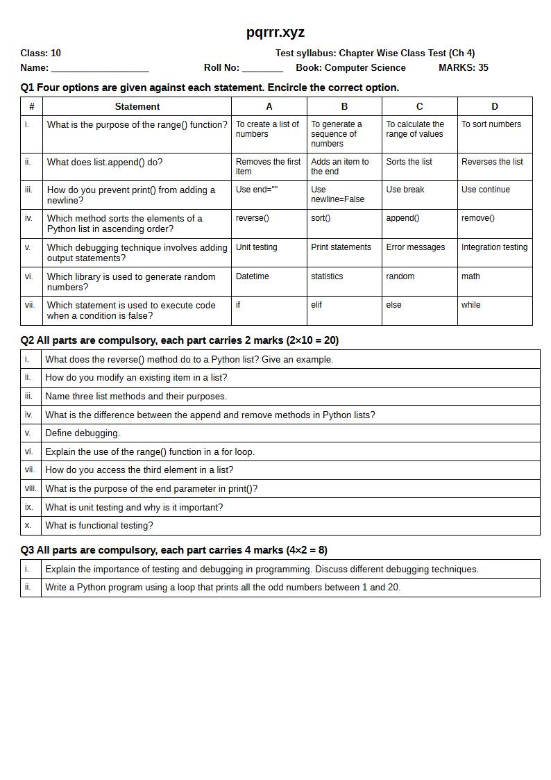 First page of 10th Computer Science – Chapter 4 – Control Structures in Python – Chapter Wise Class Test, 35 marks (English)