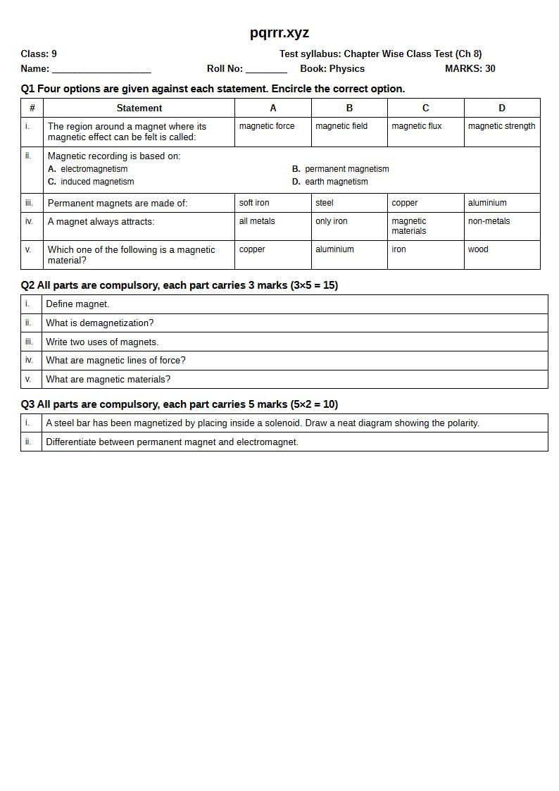 First page of 9th Physics – Chapter 8 – Magnetism – Chapter Wise Class Test, 30 marks (English)