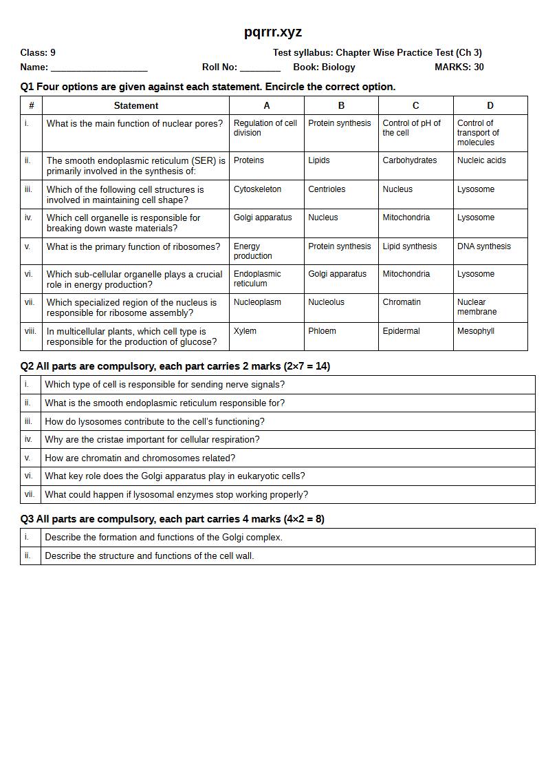 First page of 9th Biology – Chapter 3 – The Cell – Chapter Wise Practice Test, 30 marks (English)