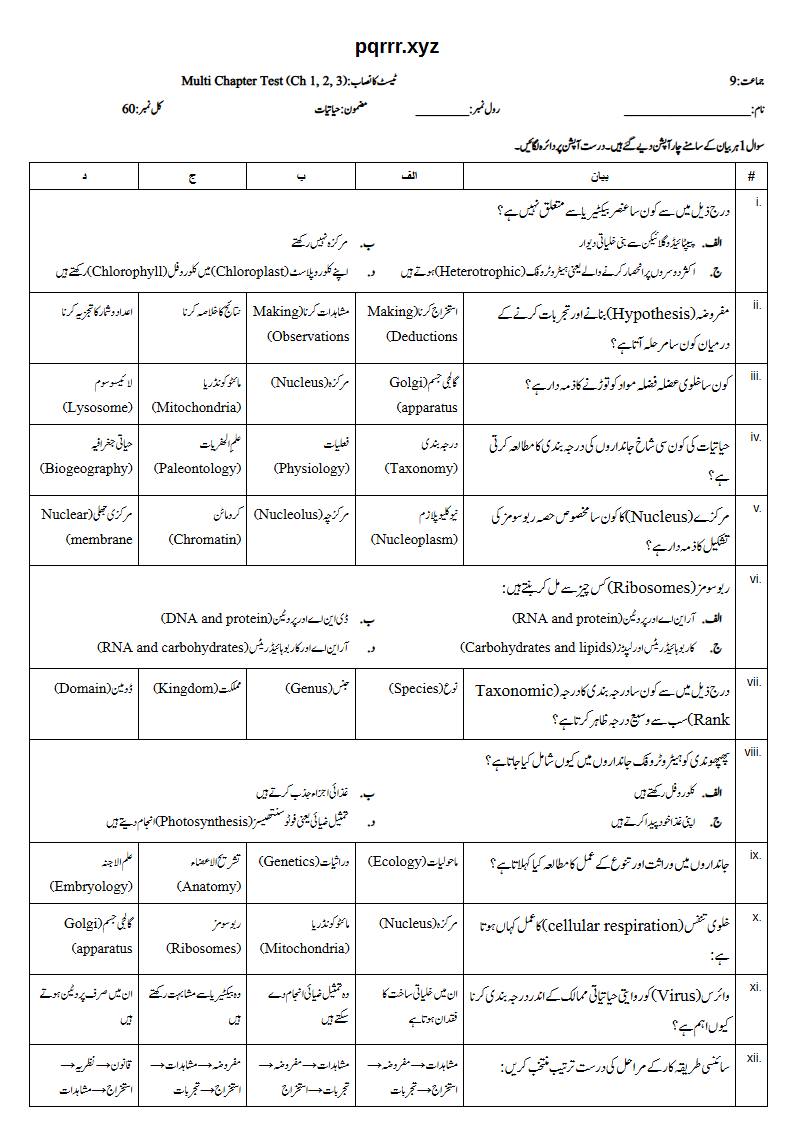 First page of 9th Biology – Chapters 1–3 – Multi Chapter Test, 60 marks (Urdu)