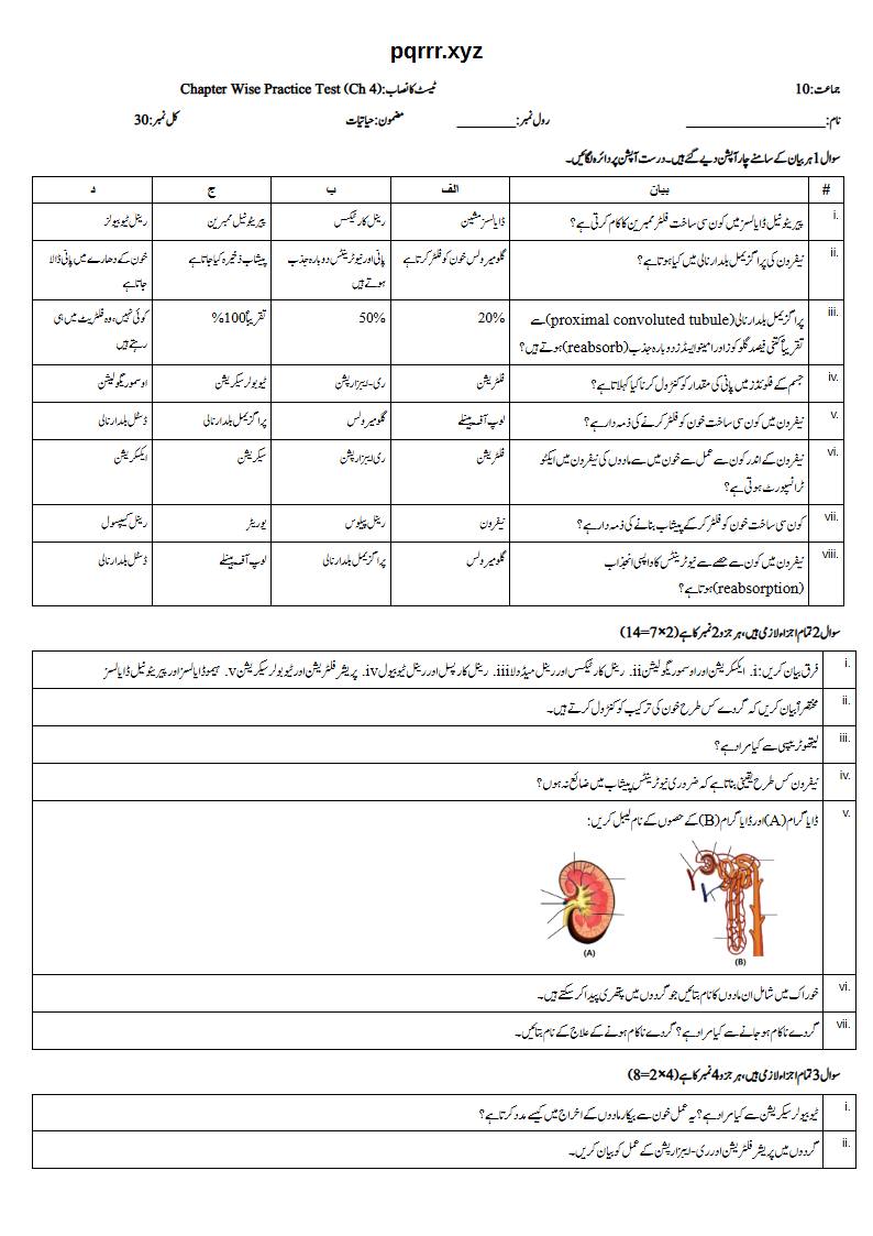 First page of 10th Biology – Chapter 4 – Human Urinary System – Chapter Wise Practice Test, 30 marks (Urdu)