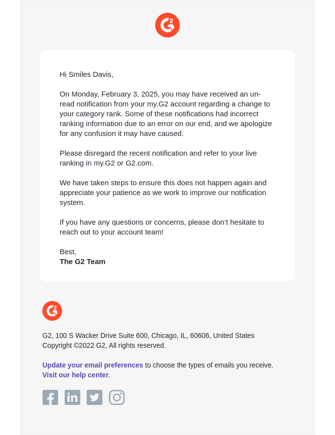 Please Disregard Incorrect Ranking Notification