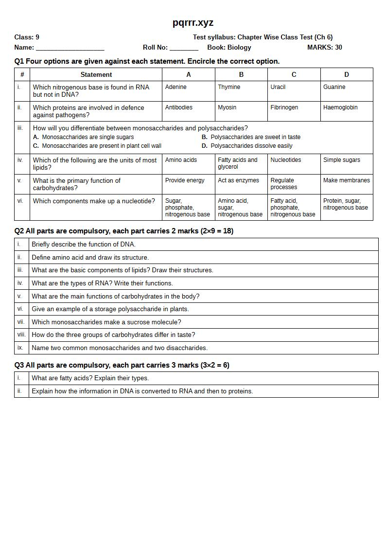 First page of 9th Biology – Chapter 6 – Biomolecules – Chapter Wise Class Test, 30 marks (English)