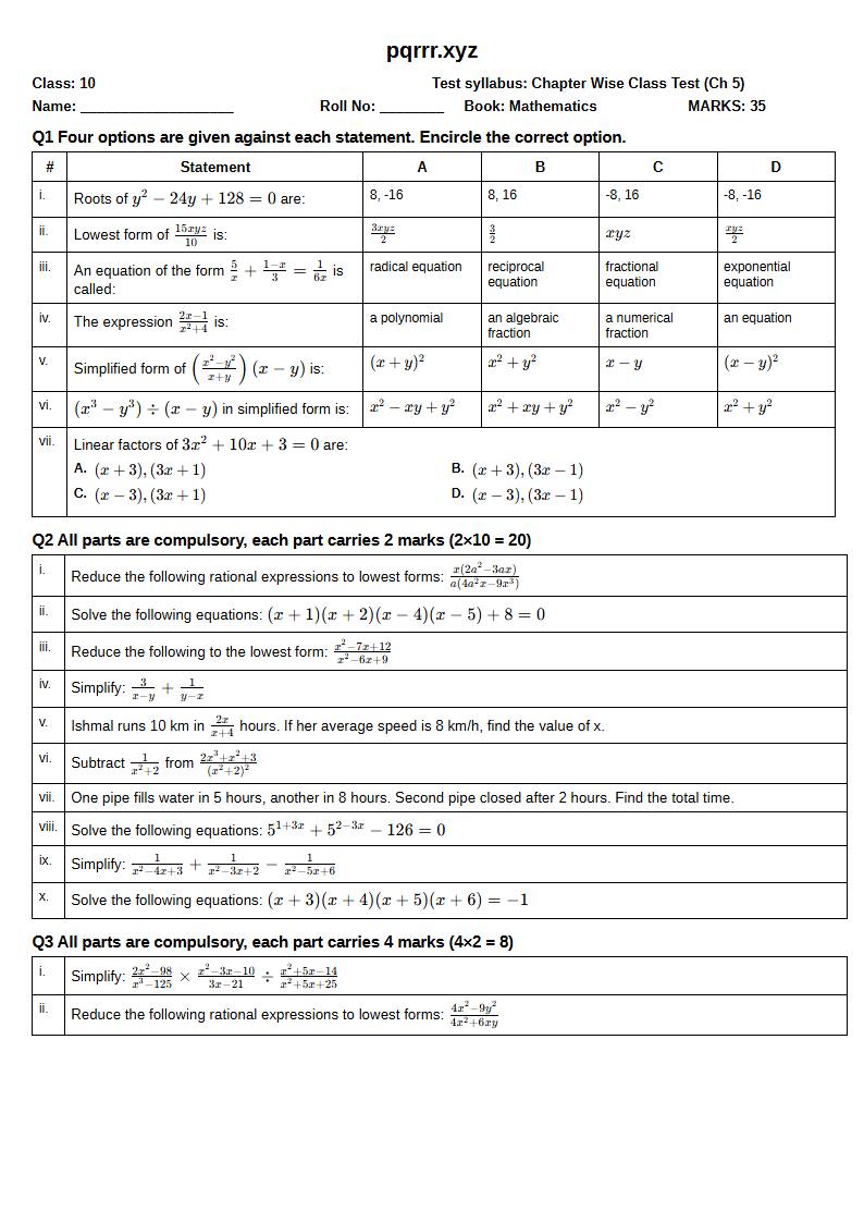 First page of 10th Mathematics – Chapter 5 – Algebraic Fractions – Chapter Wise Class Test, 35 marks (English)