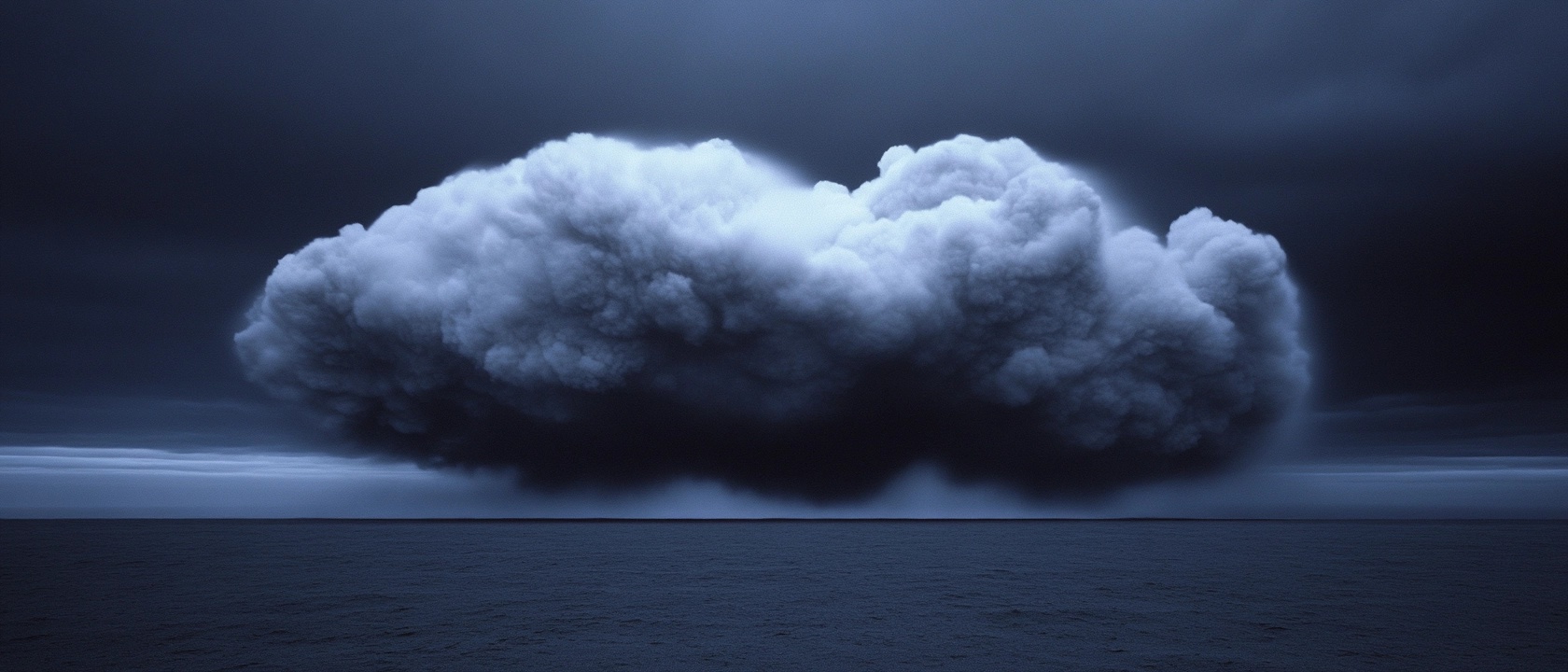 A dark, ominous cloud looms over a calm ocean, casting a foreboding atmosphere. The contrasting deep blues of the water and the cloud create a sense of solitude and mystery, accentuated by the stillness of the scene. This captivating landscape evokes feelings of exploration and reflection in an otherworldly setting.