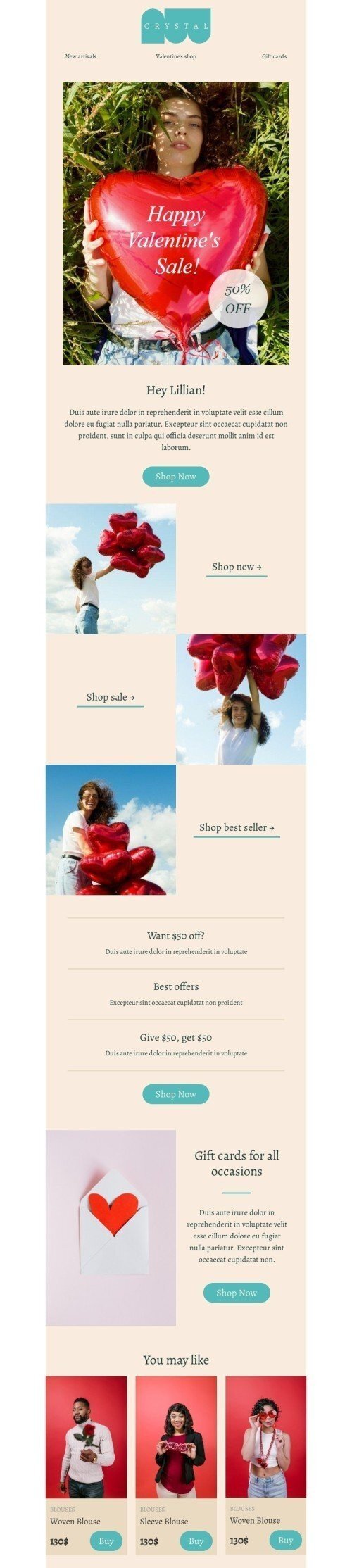 Valentine’s Day email template «Gift cards for all occasions» for fashion industry