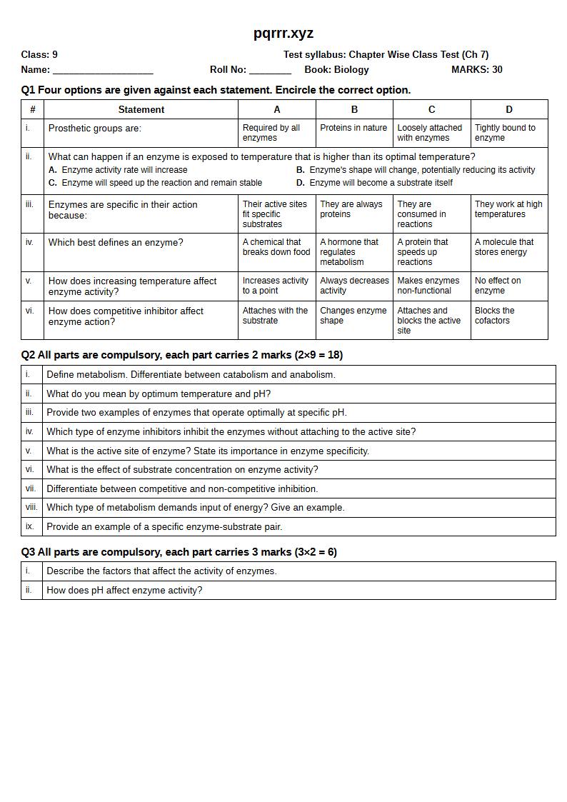 First page of 9th Biology – Chapter 7 – Enzymes – Chapter Wise Class Test, 30 marks (English)