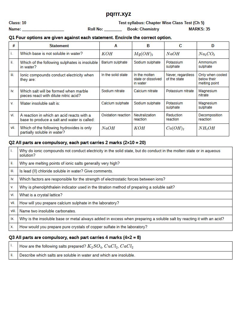 First page of 10th Chemistry – Chapter 5 – Salts – Chapter Wise Class Test, 35 marks (English)