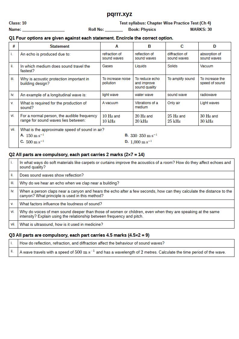 First page of 10th Physics – Chapter 4 – Sound – Chapter Wise Practice Test, 30 marks (English)
