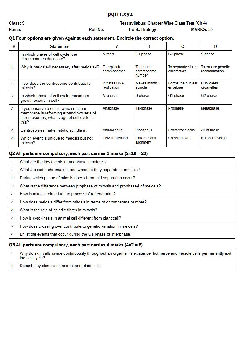 First page of 9th Biology – Chapter 4 – Cell Cycle – Chapter Wise Class Test, 35 marks (English)