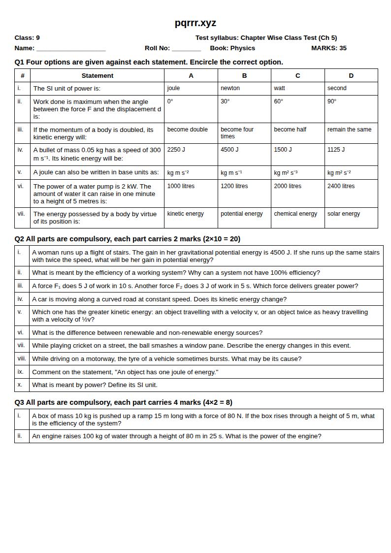 First page of 9th Physics – Chapter 5 – Work, Energy and Power – Chapter Wise Class Test, 35 marks (English)
