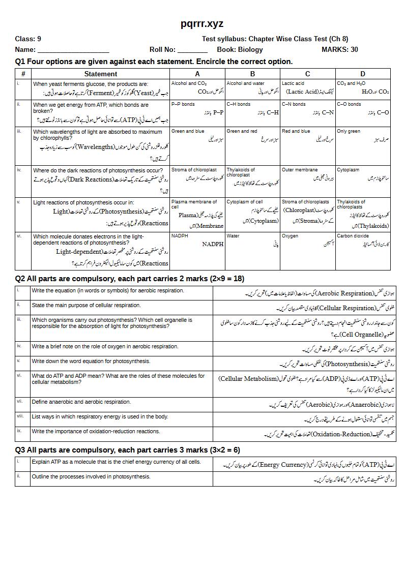 First page of 9th Biology – Chapter 8 – Bioenergetics – Chapter Wise Class Test, 30 marks (English + Urdu)