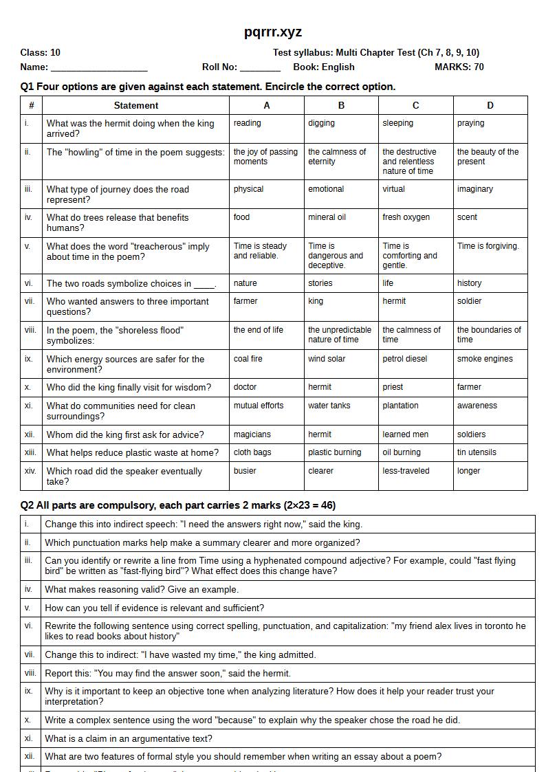 First page of 10th English – Chapters 7–10 – Multi Chapter Test, 70 marks (English)