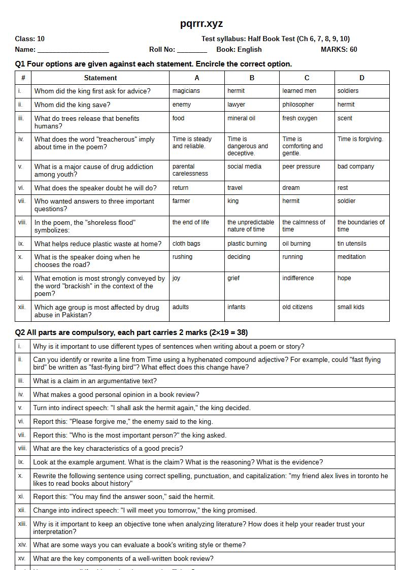 First page of 10th English – Half book (Chapters 6–10) – Half Book Test, 60 marks (English)