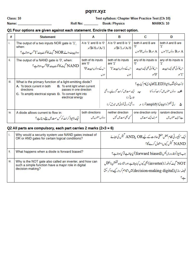First page of 10th Physics – Chapter 10 – Electronics – Chapter Wise Practice Test, 10 marks (English + Urdu)