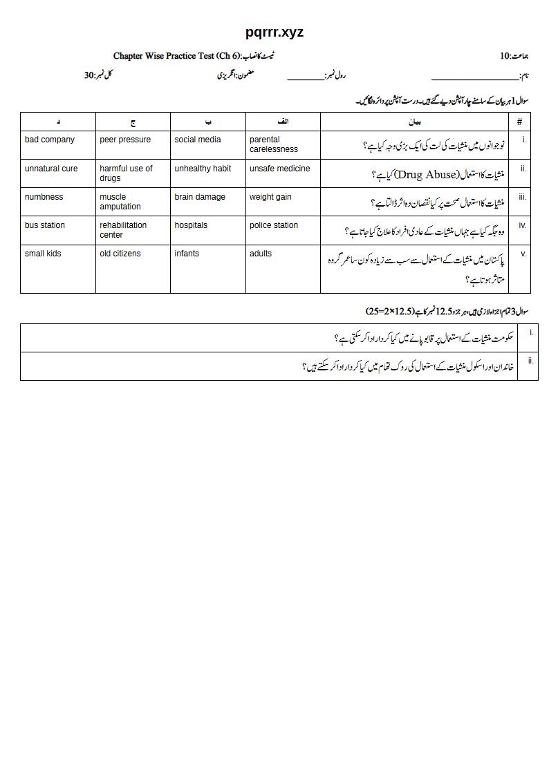 First page of 10th English – Chapter 6 – Drug Abuse – Chapter Wise Practice Test, 30 marks (Urdu)