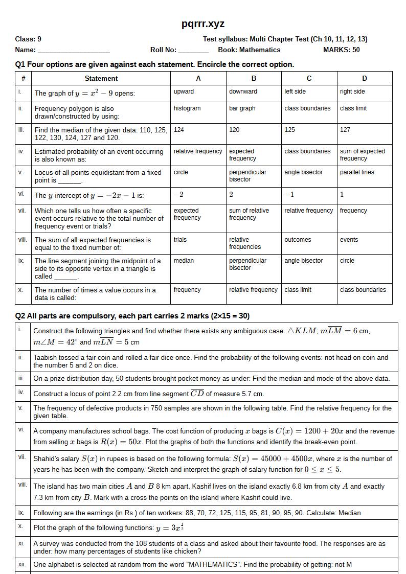 First page of 9th Mathematics – Chapters 10–13 – Multi Chapter Test, 50 marks (English)