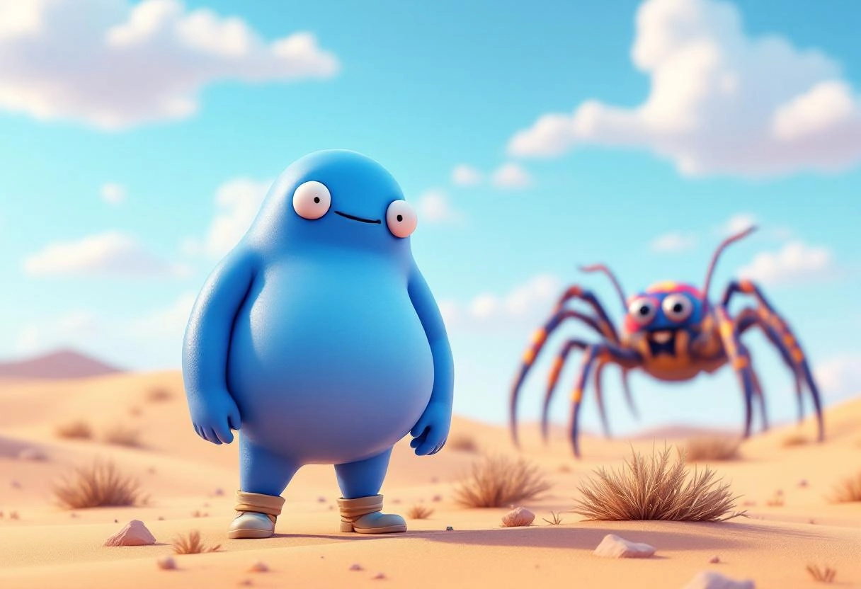 A surreal desert scene in a dry, arid landscape under a clear blue sky. In the center, a blue blobster creature with long arms and legs, wearing desert clothes and sturdy desert boots, stands confidently. The blobster has a friendly but odd appearance, cartoonish style, with smooth shiny skin and expressive eyes. In the background, a giant cartoonish spider looms over the sand dunes, exaggerated and playful in design, with large eyes and a colorful body. The entire scene is in high-quality 3D cartoon style, rendered in 4K, vibrant lighting, and cinematic perspective.